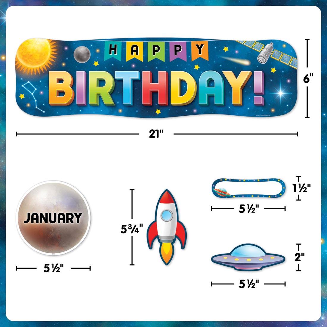 5 pieces of the Happy Birthday Mini Bulletin Board Set from the Outer Space Crew collection by Teacher Created Resources each labeled with their measurements