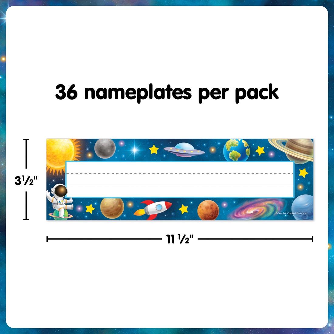 Flat Name Plate from the Outer Space Crew collection by Teacher Created Resources labeled with measurements 3-1/2" x 11-1/2" plus text 36 nameplates per pack