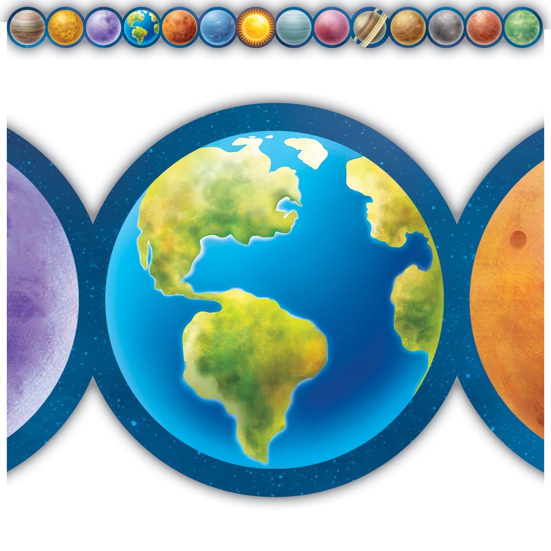 full strip plus closeup of Planets Die-Cut Border Trim from the Outer Space Crew collection by Teacher Created Resources