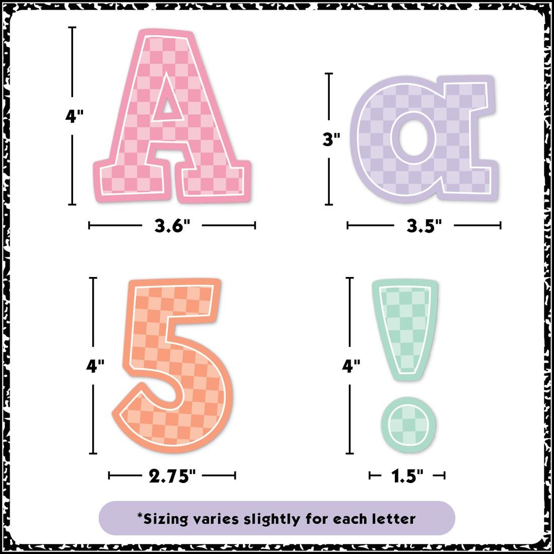 4 pieces of Checkers Bold Block 4" Letters Combo Pack from the Cool for School collection by Teacher Created Resources each labeled with their measurements plus text sizing varies slightly for each