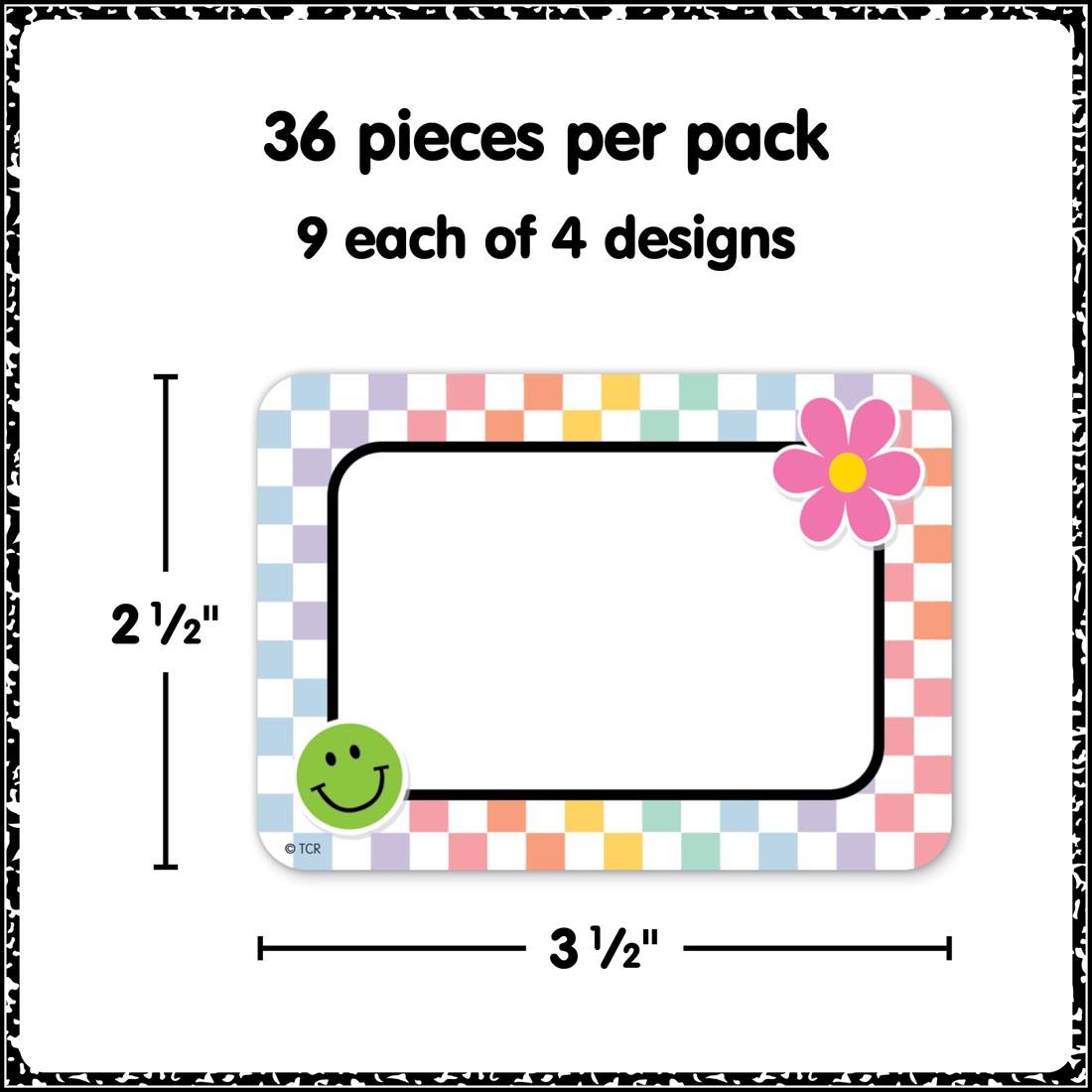 a Checkers Name Tag/Label from the Cool for School collection by Teacher Created Resources labeled with measurements 2-1/2" x 3-1/2" plus text 36 pieces per pack; 9 each of 4 designs