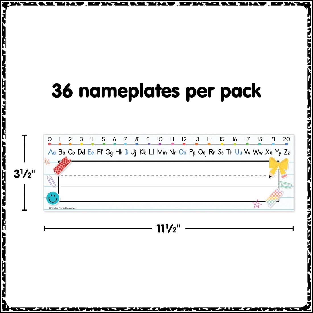 Alphabet Flat Name Plate from the Cool for School collection by Teacher Created Resources labeled with measurements 3-1/2" x 11-1/2" plus text 36 nameplates per pack