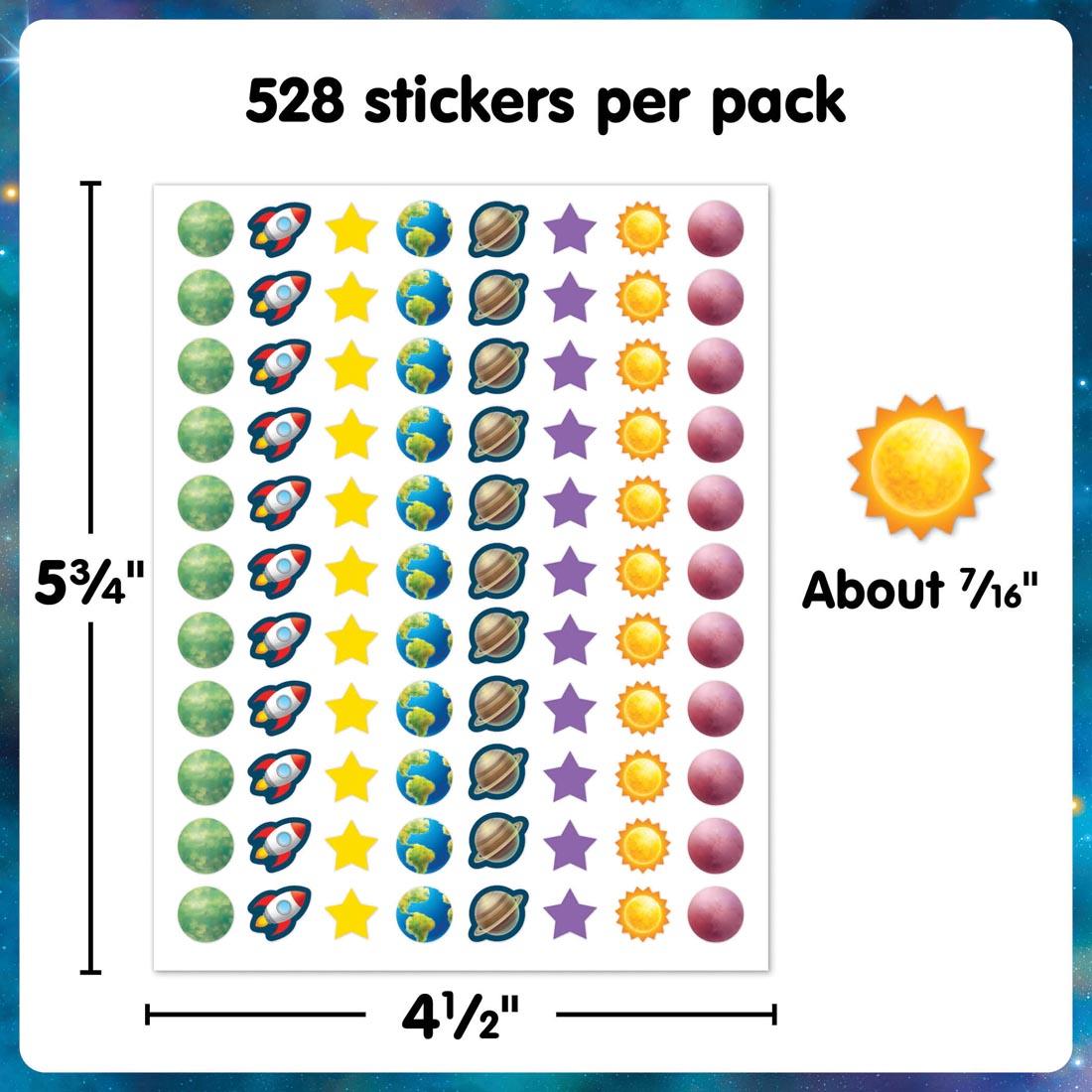 sheet of Mini Stickers from the Outer Space Crew collection by Teacher Created Resources labeled with measurements 5-3/4" x 4-1/2" and sticker labeled About 7/16" plus text 528 stickers per pack