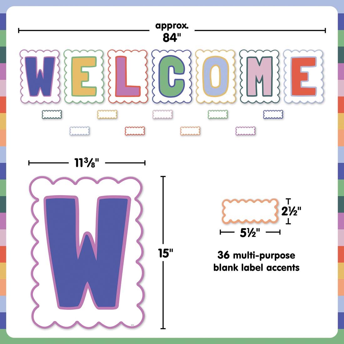 pieces of Welcome Bulletin Board Set from the Color Crush collection by Teacher Created Resources labeled with their measurements plus text 36 multi-purpose blank label accents