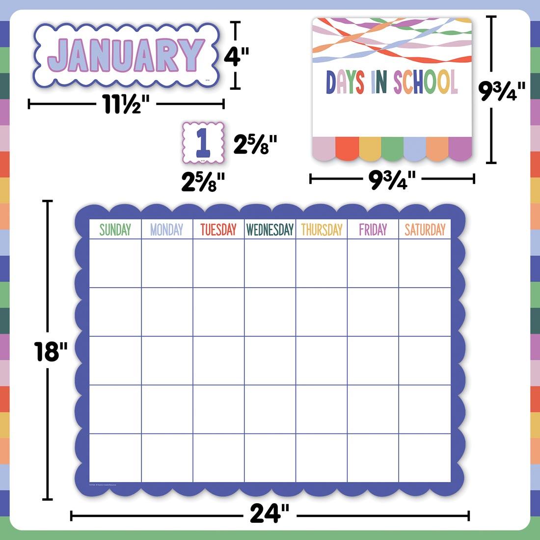 pieces of Calendar Bulletin Board Set from the Color Crush collection by Teacher Created Resources each labeled with their measurements