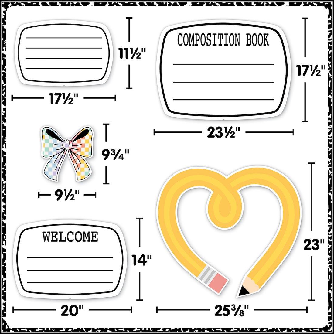 5 pieces of the Big & Bold Bulletin Board Set from the Cool for School collection by Teacher Created Resources each labeled with their measurements