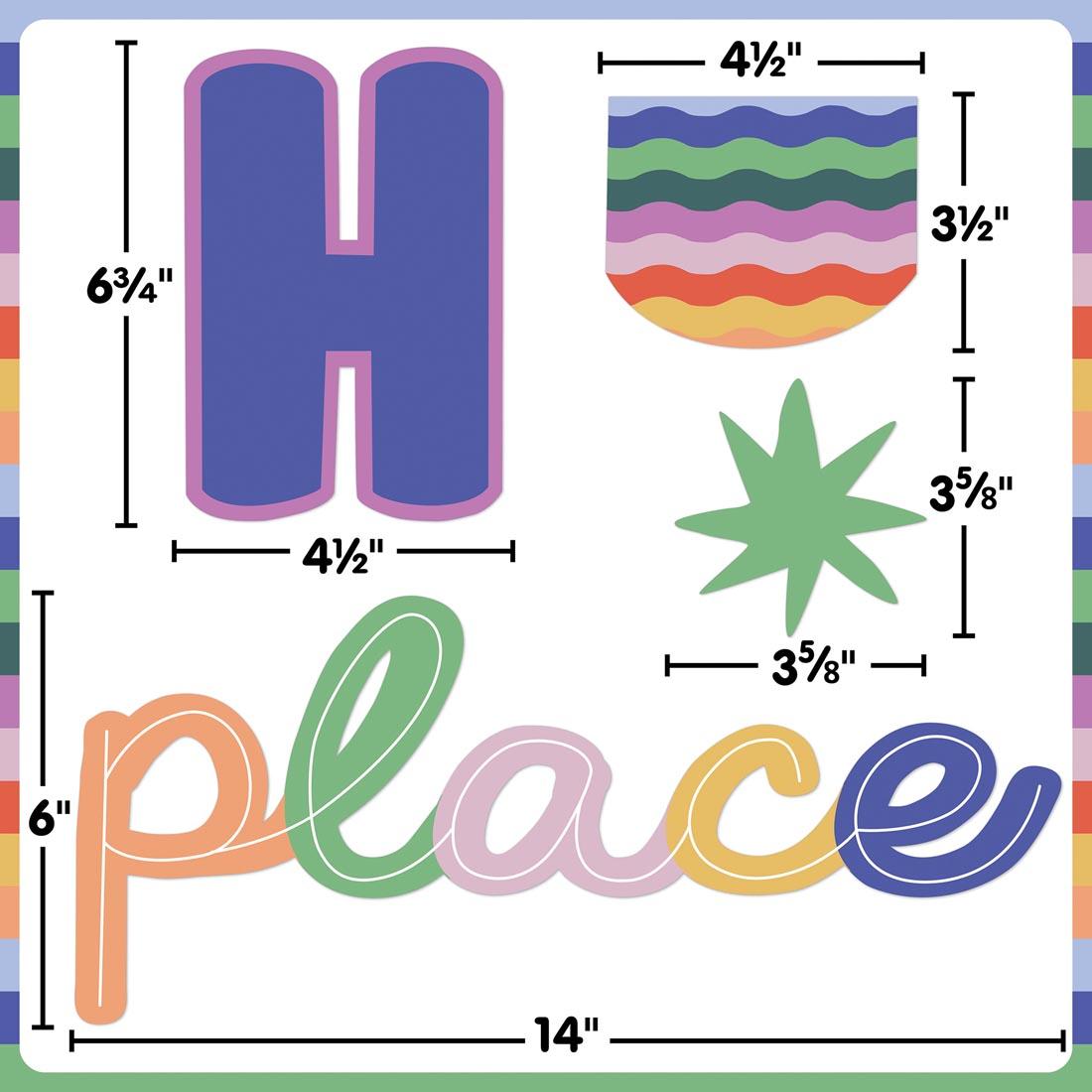 pieces of This Is Our Happy Place Mini Bulletin Board Set from the Color Crush collection by Teacher Created Resources each labeled with their measurements