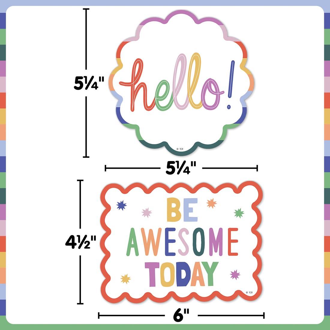 2 Positive Sayings Accents from the Color Crush collection by Teacher Created Resources each labeled with their measurements
