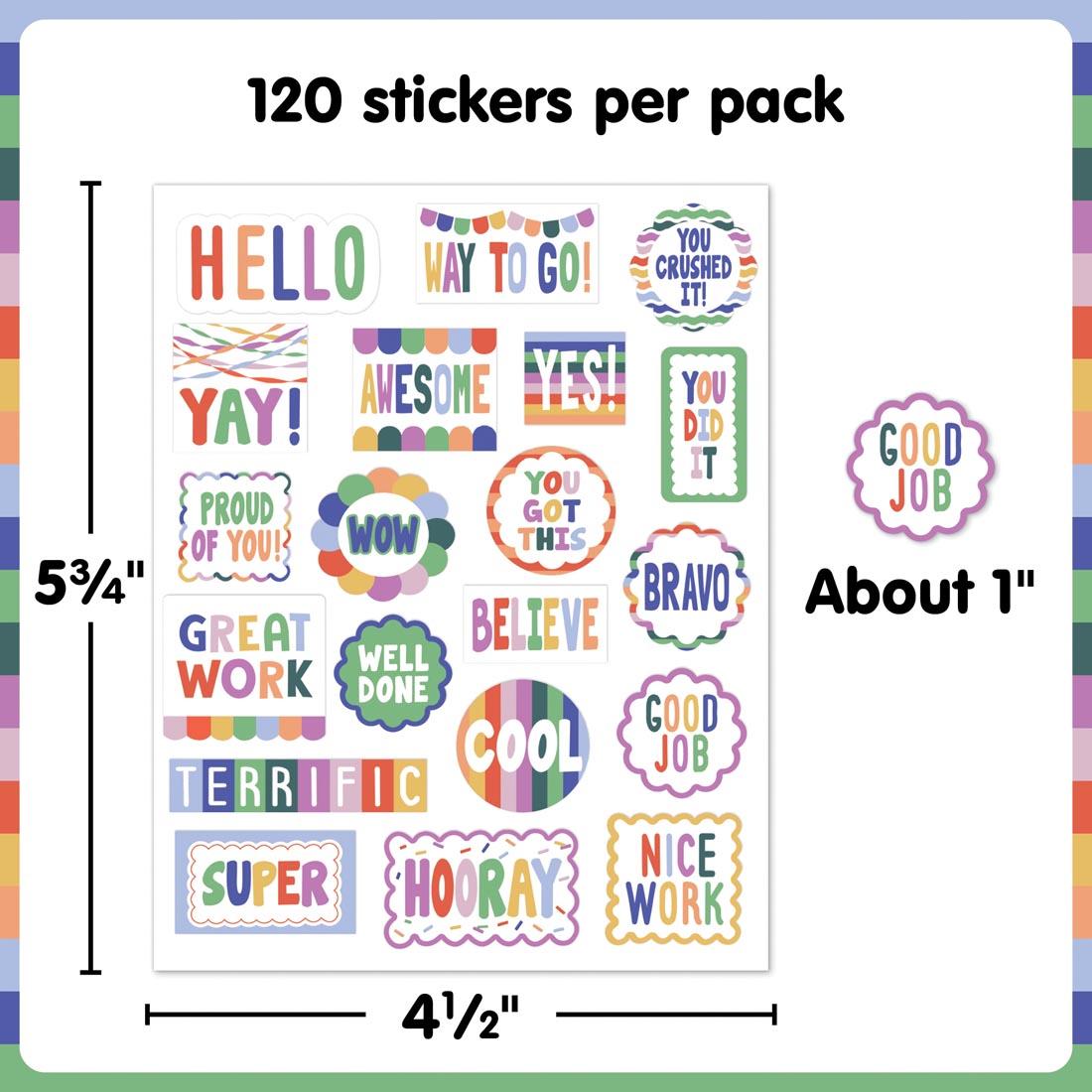 sheet of Stickers from the Color Crush collection by Teacher Created Resources labeled with measurements 5-3/4" x 4-1/2" and sticker labeled About 1" plus text 120 stickers per pack