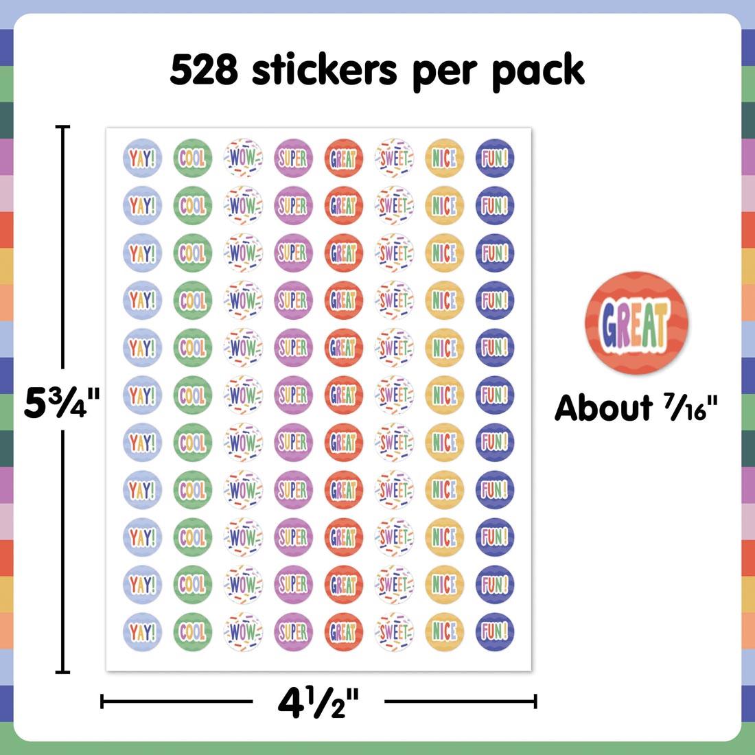 sheet of Mini Stickers from the Color Crush collection by Teacher Created Resources labeled with measurements 5-3/4" x 4-1/2" and sticker labeled About 7/16" plus text 528 stickers per pack