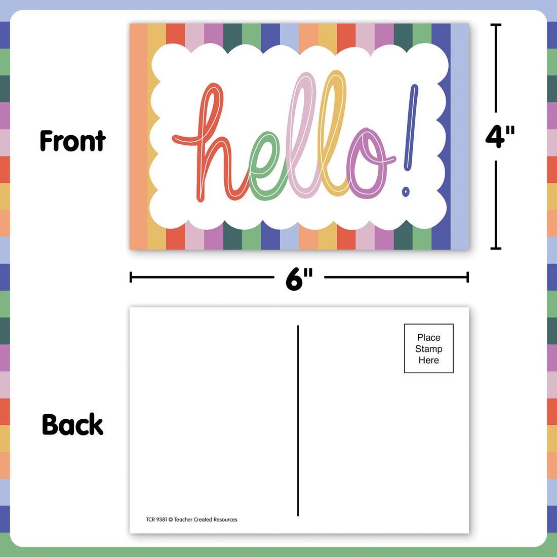 front and back of Hello Postcard from the Color Crush collection by Teacher Created Resources labeled with measurements 4" and 6"