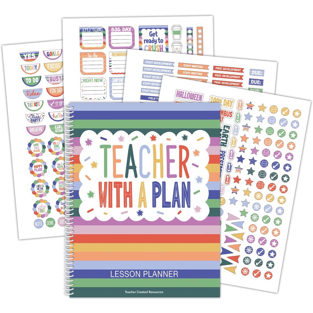 front cover and sticker sheets of Teacher With A Plan Lesson Plan Book from the Color Crush collection by Teacher Created Resources