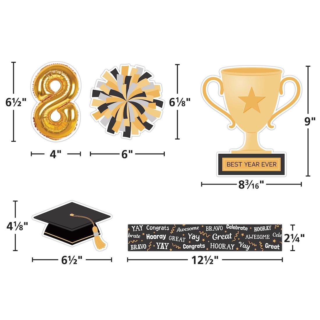 5 pieces of the Graduation Create & Decorate Quick Kit By Teacher Created Resources each labeled with their measurements