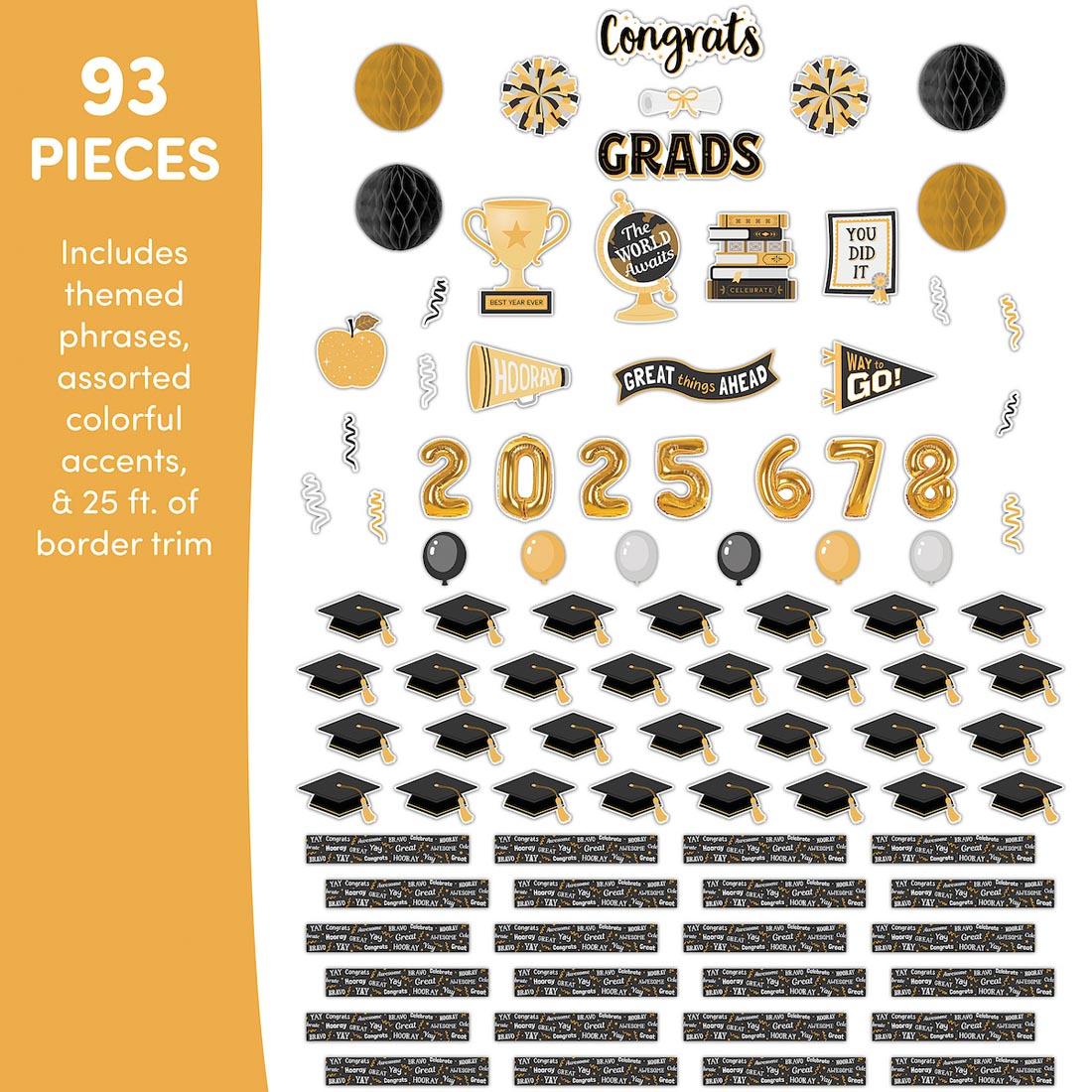 components of the Graduation Create & Decorate Quick Kit plus text: 93 Pieces; Includes themed phrases, assorted colorful accents, & 25 ft. of border trim