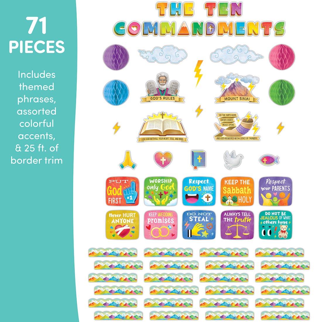 components of The Ten Commandments Create & Decorate Quick Kit By Teacher Created Resources plus text 71 pieces; Includes themed phrases, assorted colorful accents, & 25 ft. of border trim
