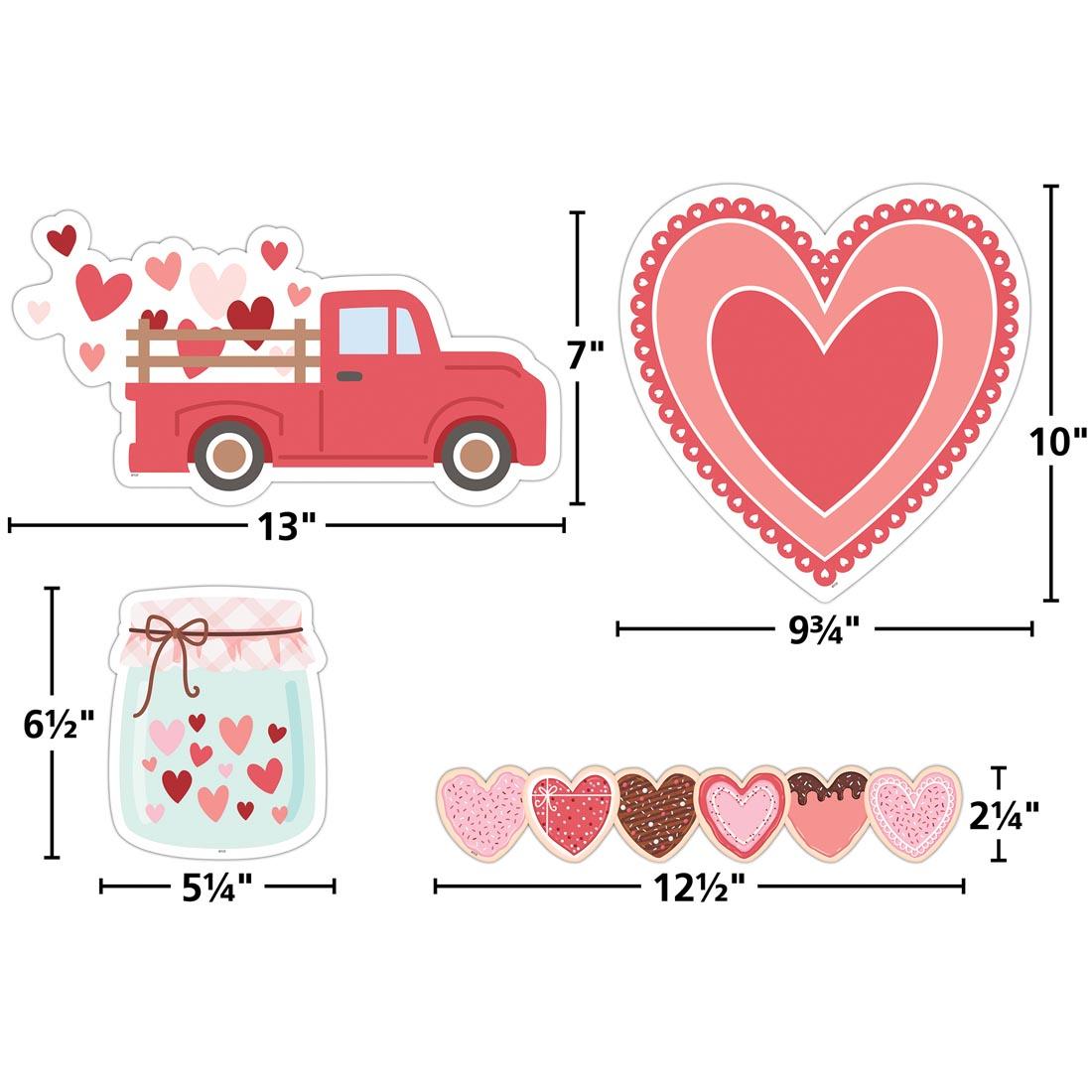4 pieces from the Valentine's Day Create & Decorate Quick Kit By Teacher Created Resources each labeled with their measurements