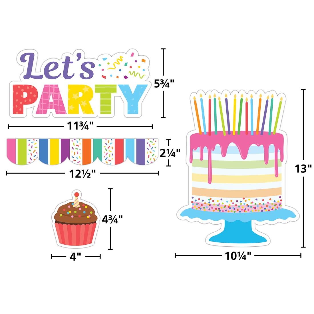 4 pieces of the Colorful Happy Birthday Create & Decorate Quick Kit By Teacher Created Resources each labeled with their measurements