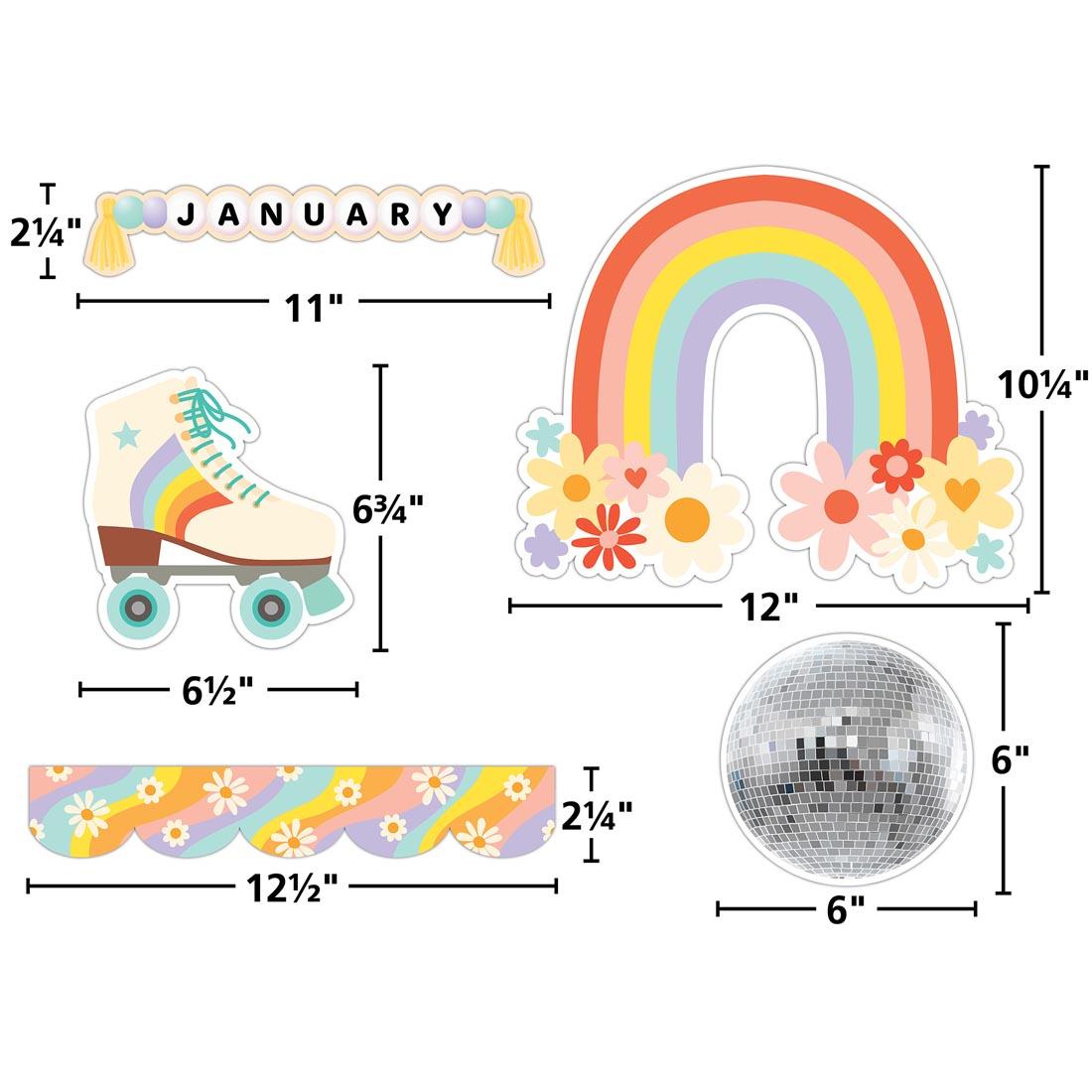 5 pieces of the Roller Disco Happy Birthday Create & Decorate Quick Kit By Teacher Created Resources each labeled with their measurements
