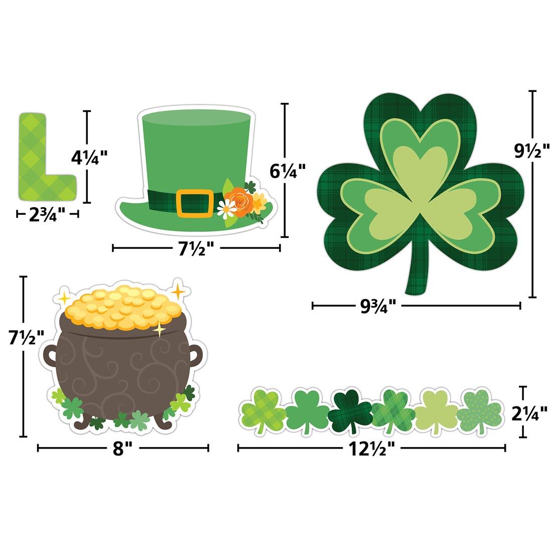 5 pieces of the St. Patrick's Day Create & Decorate Quick Kit By Teacher Created Resources each labeled with their measurements