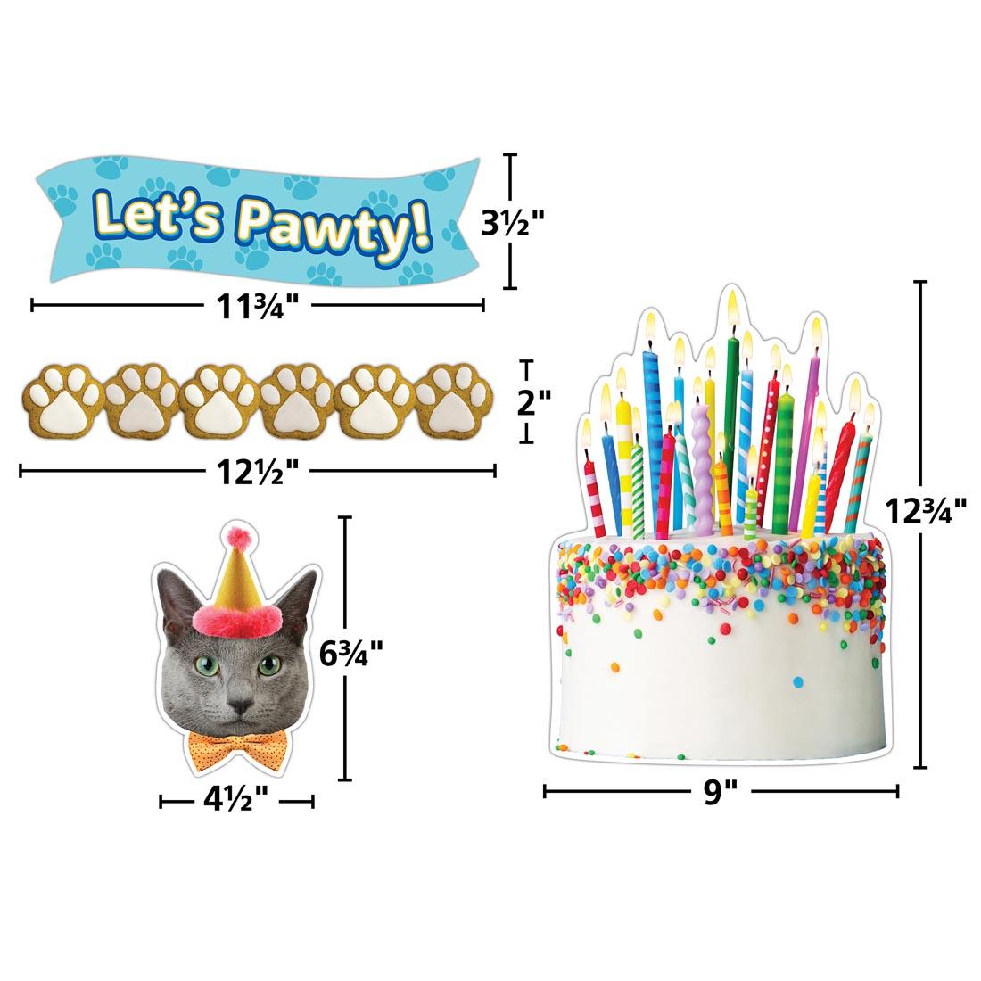 4 pieces of the Cats And Dogs Happy Birthday Create & Decorate Quick Kit By Teacher Created Resources each labeled with their measurements