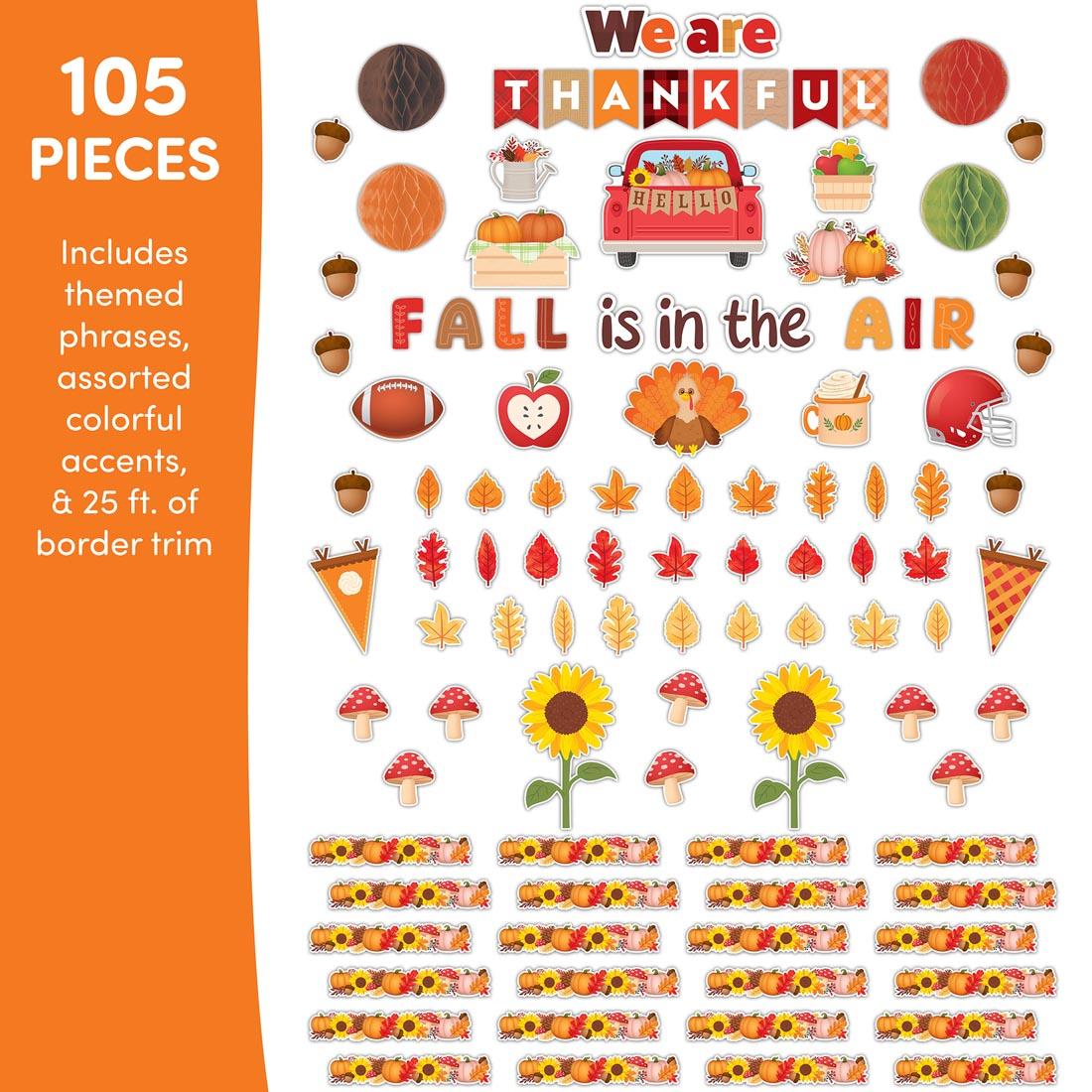 components of the Hello Fall Create & Decorate Quick Kit plus text: 105 Pieces; Includes themed phrases, assorted colorful accents, & 25 ft. of border trim