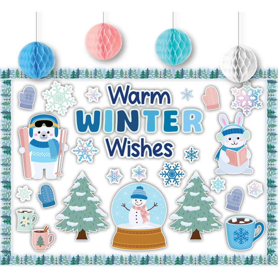 wall decorated with components of the Warm Winter Wishes Create & Decorate Quick Kit By Teacher Created Resources
