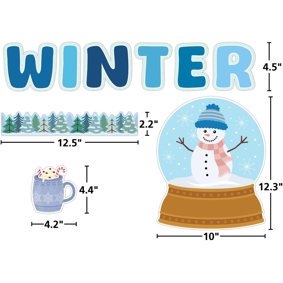 4 pieces of the Warm Winter Wishes Create & Decorate Quick Kit By Teacher Created Resources each labeled with their measurements