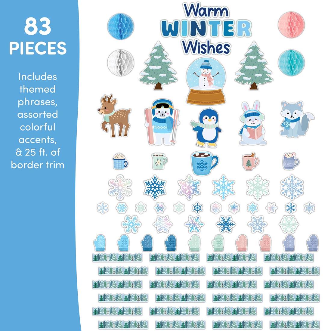 components of the Warm Winter Wishes Create & Decorate Quick Kit plus text: 83 Pieces; Includes themed phrases, assorted colorful accents, & 25 ft. of border trim