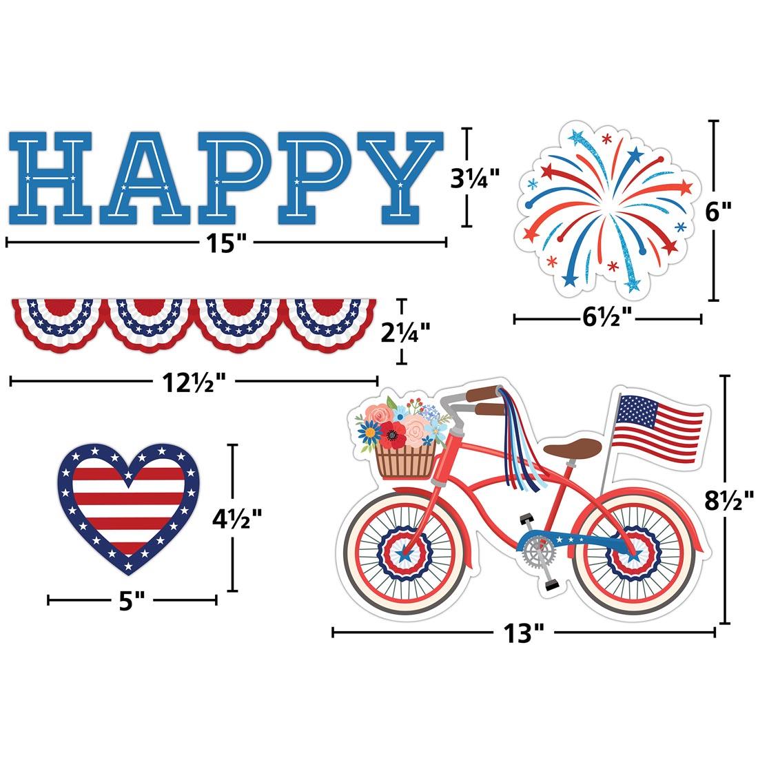 5 pieces of the Patriotic Create & Decorate Quick Kit By Teacher Created Resources each labeled with their measurements