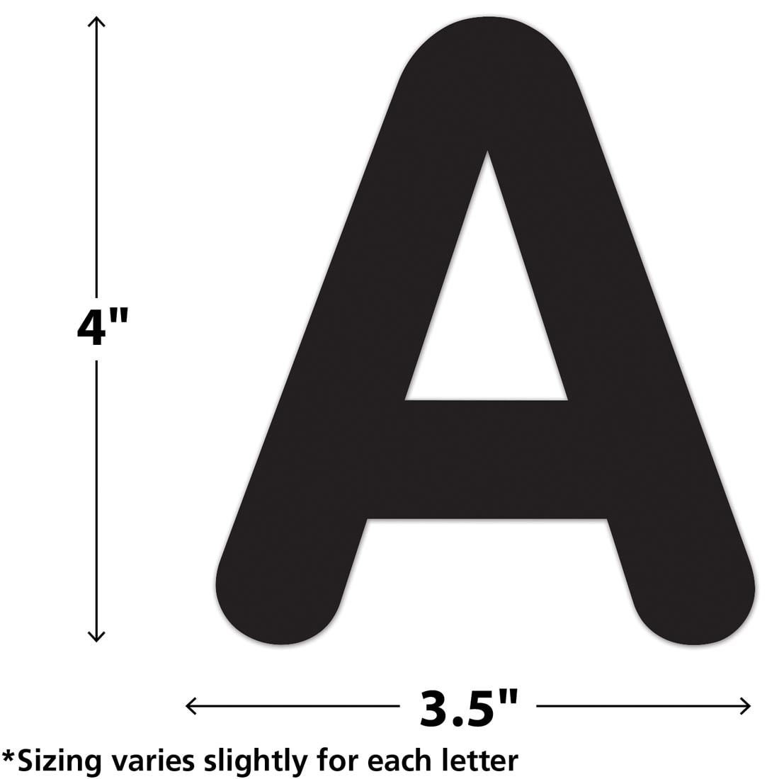 The A from Black Classic 4" Uppercase Self-Adhesive Letters By Teacher Created Resources labeled with measurements 4" and 3.5" plus text *Sizing varies slightly for each letter