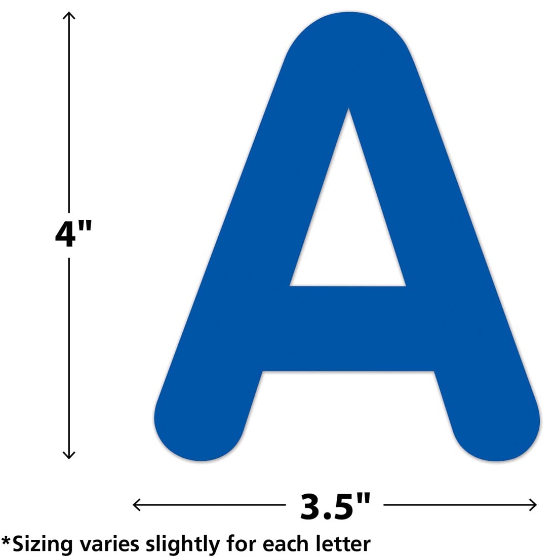 The A from Blue Classic 4" Uppercase Self-Adhesive Letters By Teacher Created Resources labeled with measurements 4" and 3.5" plus text *Sizing varies slightly for each letter