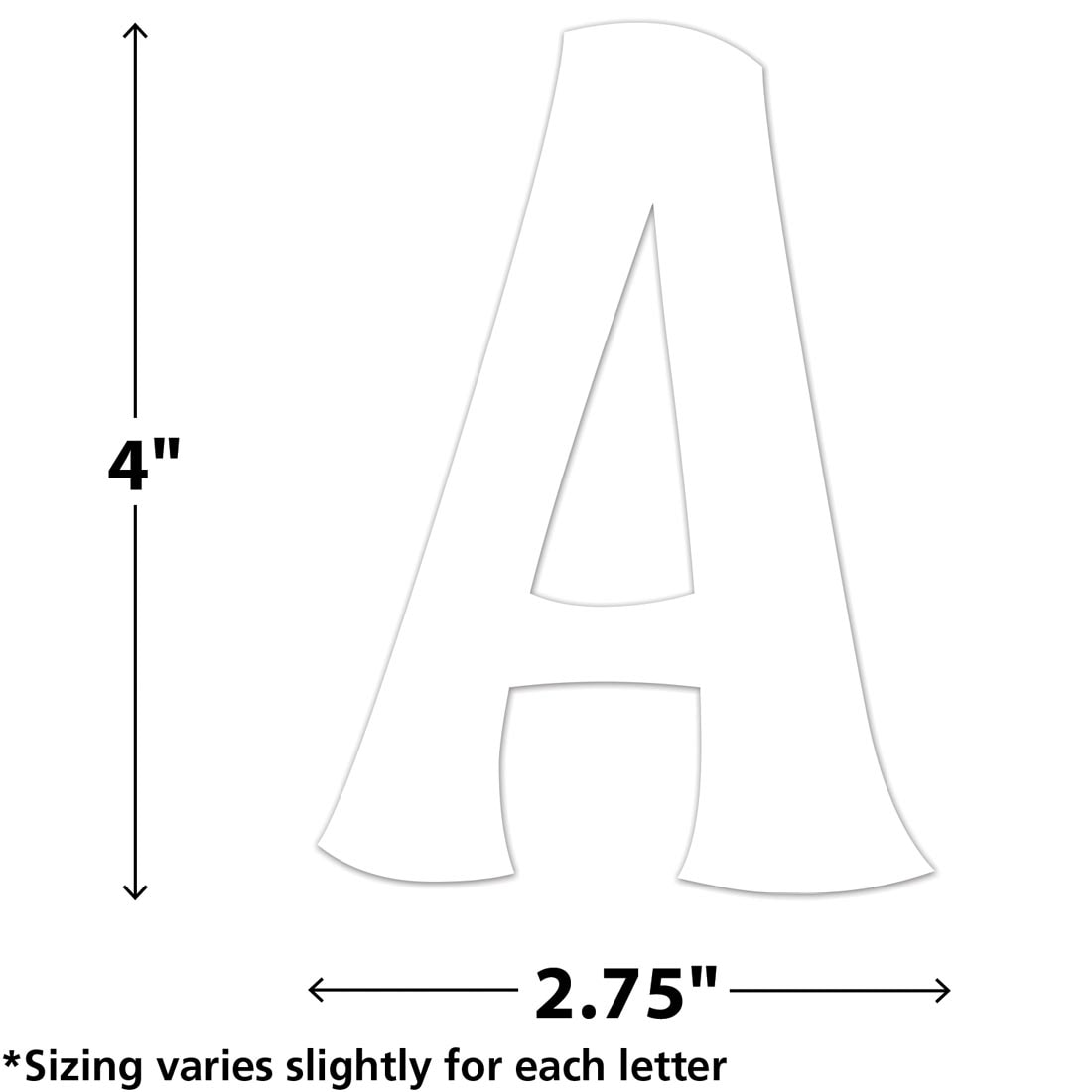 The A from White Wild Whimsey 4" Self-Adhesive Letters Combo Pack By Teacher Created Resources labeled with measurements 4" and 2.75" plus text *Sizing varies slightly for each letter