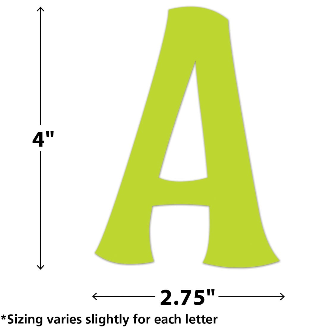 The A from Colorful Wild Whimsey 4" Self-Adhesive Letters Combo Pack By Teacher Created Resources labeled with measurements 4" and 2.75" plus text *Sizing varies slightly for each letter