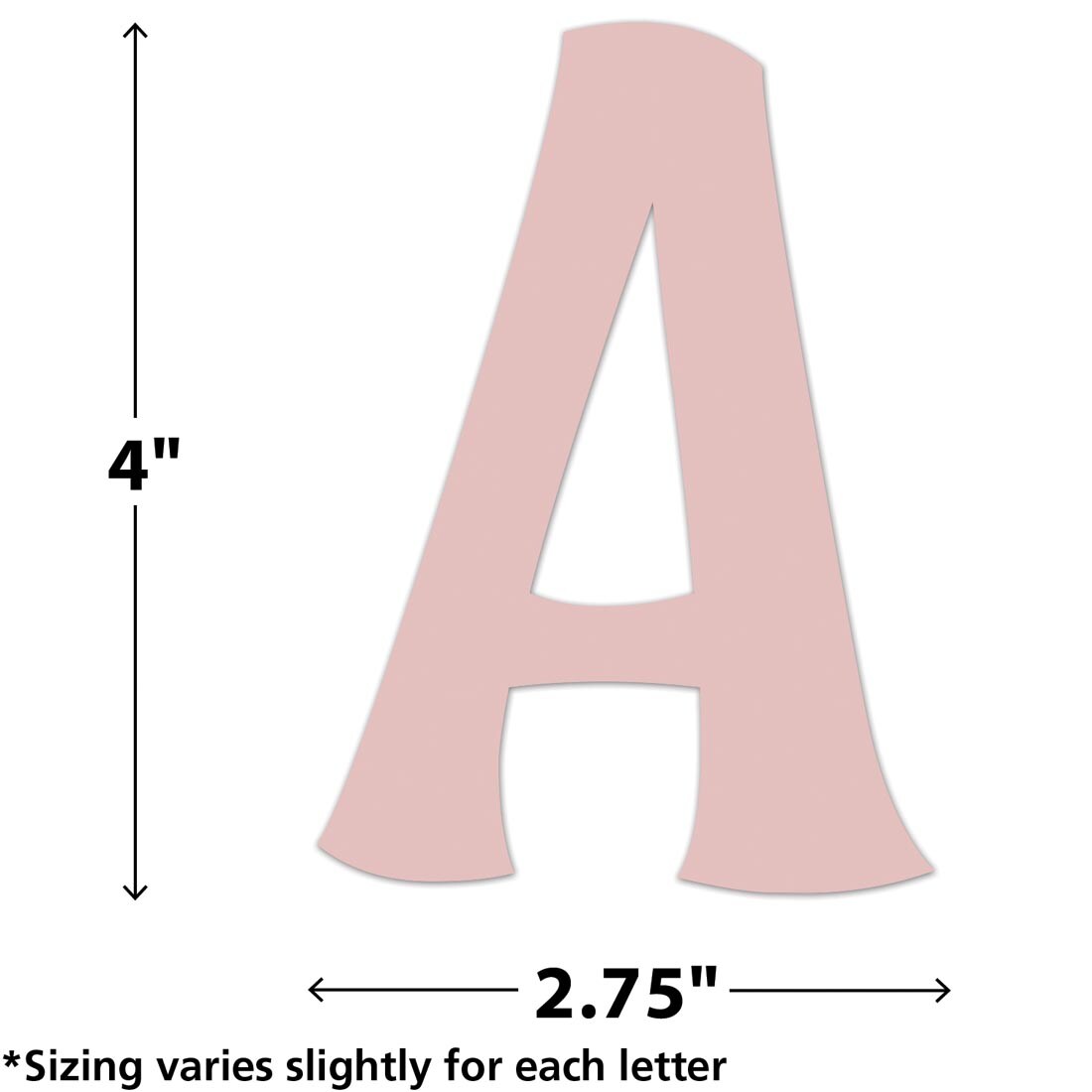 The A from Calming Colors Wild Whimsey 4" Self-Adhesive Letters Combo Pack By Teacher Created Resources labeled with measurements 4" and 2.75" plus text *Sizing varies slightly for each letter
