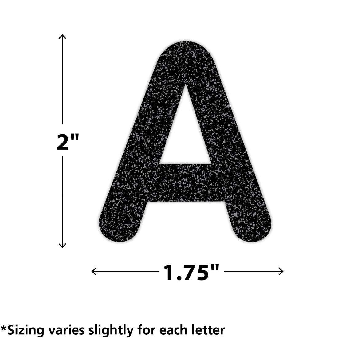 The A from Black Glitz Classic 2" Uppercase Self-Adhesive Letters By Teacher Created Resources labeled with measurements 2" and 1.75" plus text *Sizing varies slightly for each letter