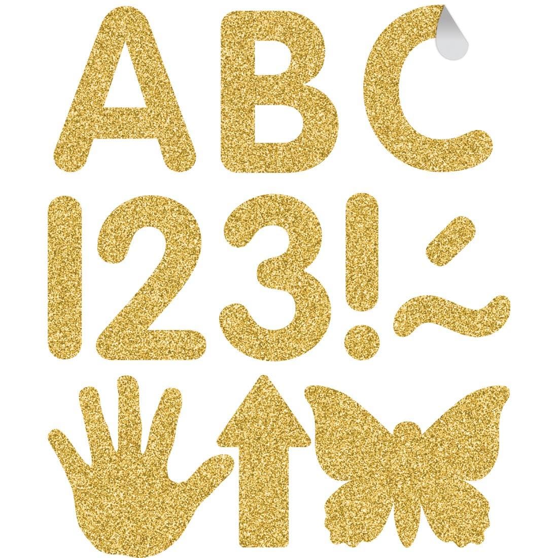 pieces from the Gold Glitz Classic 2" Uppercase Self-Adhesive Letters By Teacher Created Resources