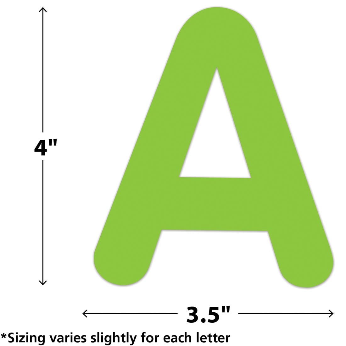 The A from Brights Classic 4" Uppercase Self-Adhesive Letters By Teacher Created Resources labeled with measurements 4" and 3.5" plus text *Sizing varies slightly for each letter