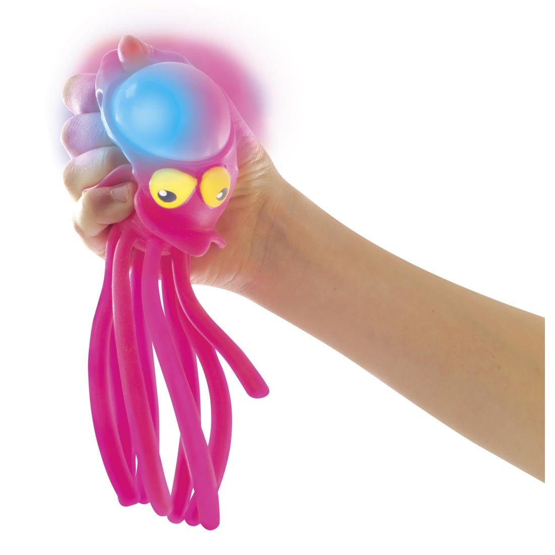 Hand squeezing the Tubtime Floating Light Up Octopus by Toysmith