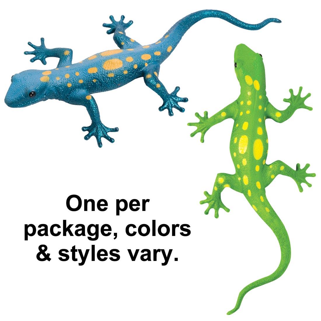 Two Lizard Squishimals with the text One per package, colors & styles vary