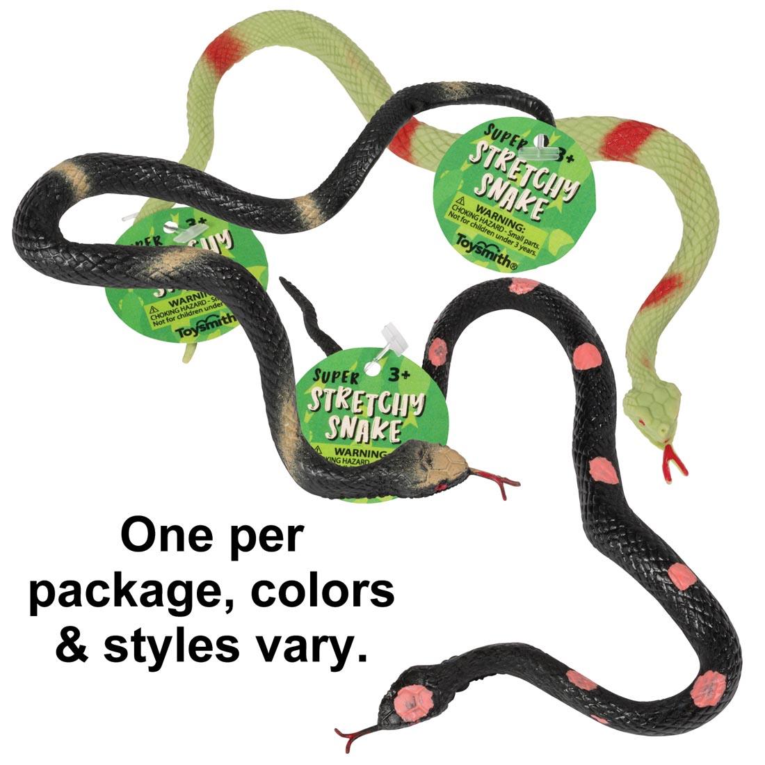 Two Super Stretchy Snakes with the text One per package, colors & styles vary