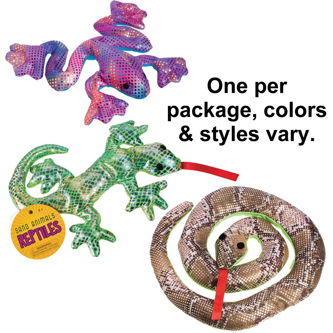 Three different Sand Animals Reptile Toys with the text One per package, colors & styles vary.