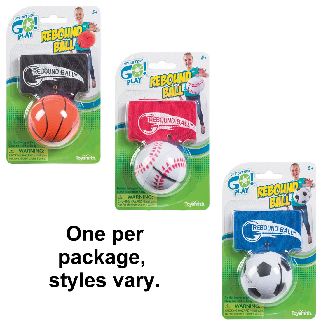 Three different Rebound Balls with the text One per package, styles vary.