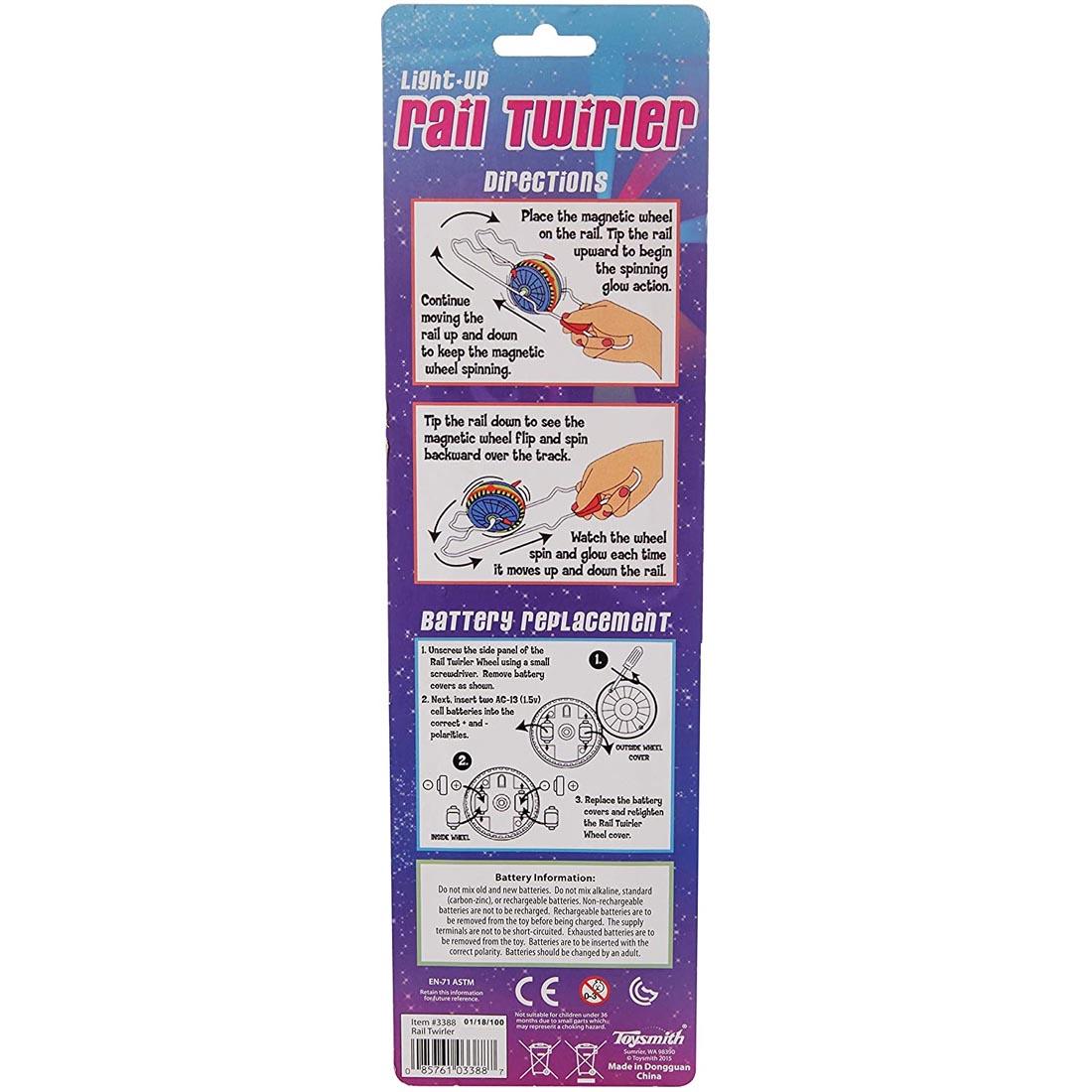 Back of package showing directions for the Light-Up Rail Twirler By Toysmith