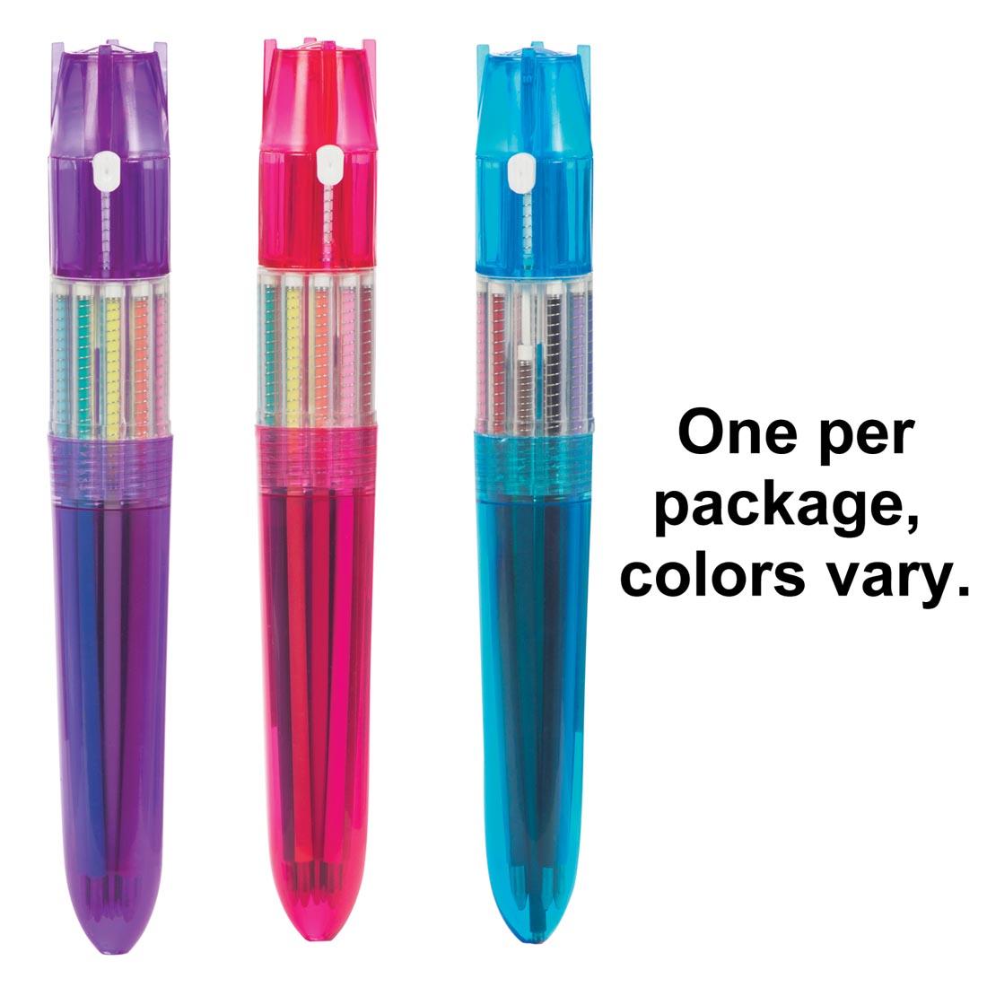 Three different Colorclik Pens with the text One per package, colors vary.