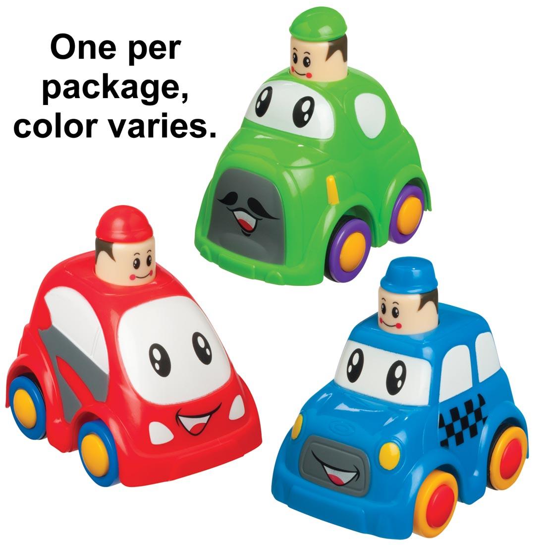 Three different Zoomsters Push N' Go Toy Cars with the text One per package, color varies.
