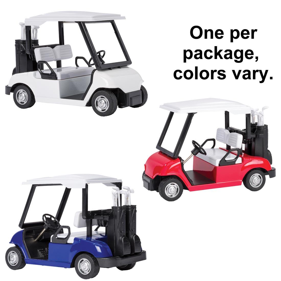 Three different Golf Cart Pull-Back Toys with the text One per package, colors vary.
