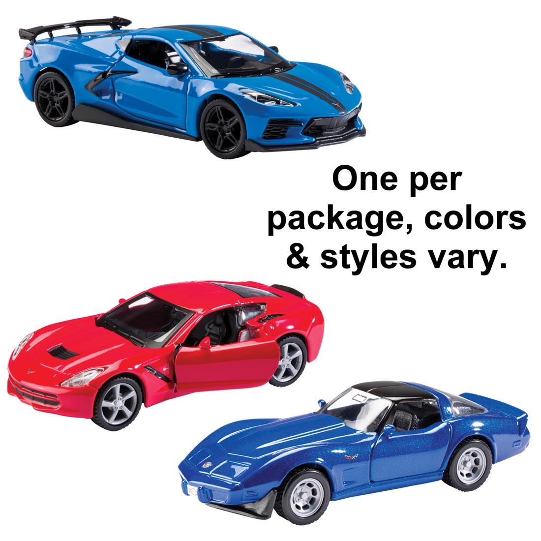 Three different Corvette Pull-Back Toys with the text One per package, colors & styles vary.