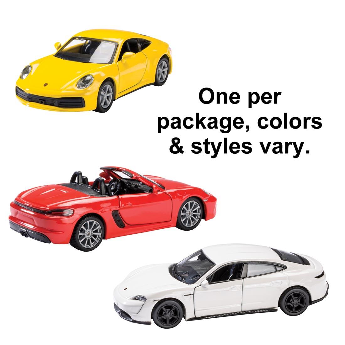 Three different Porsche Pull-Back Toys with the text One per package, colors & styles vary.