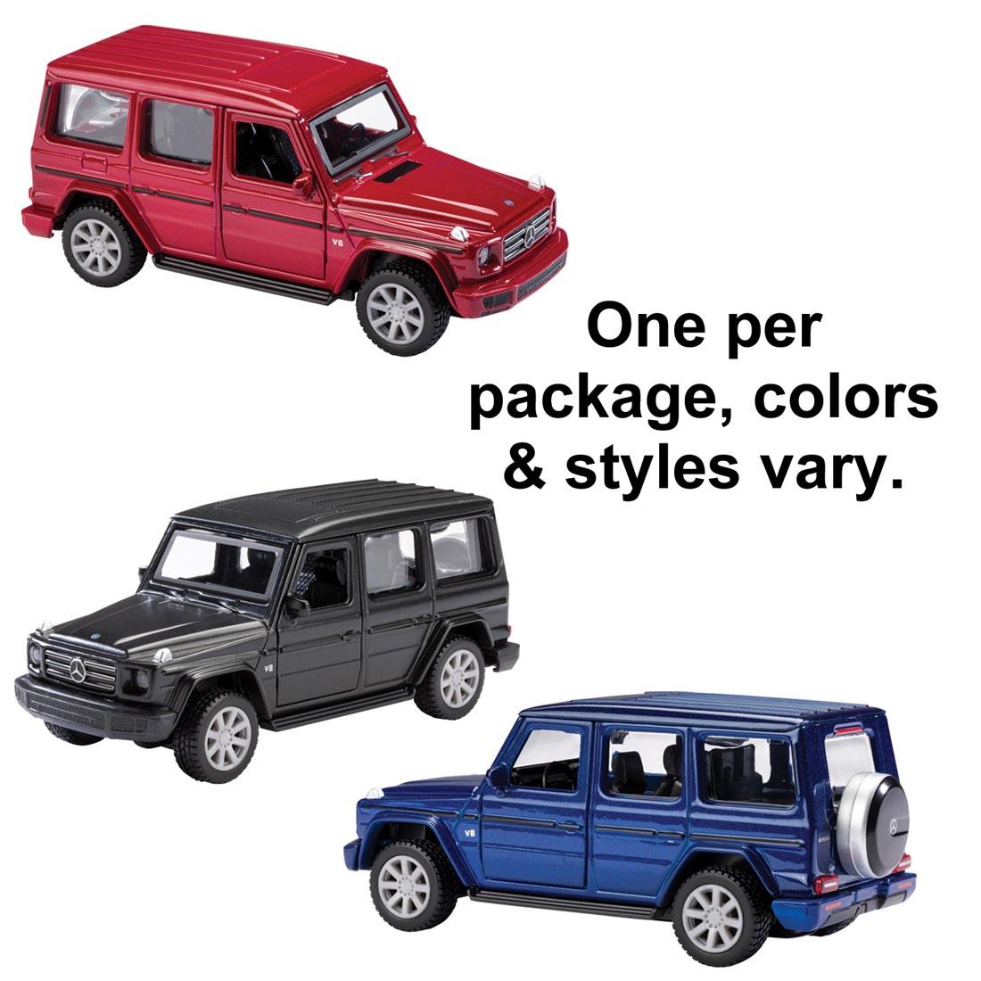 Three different Mercedes-Benz G-Class Pull-Back Toys with the text One per package, colors & styles vary.