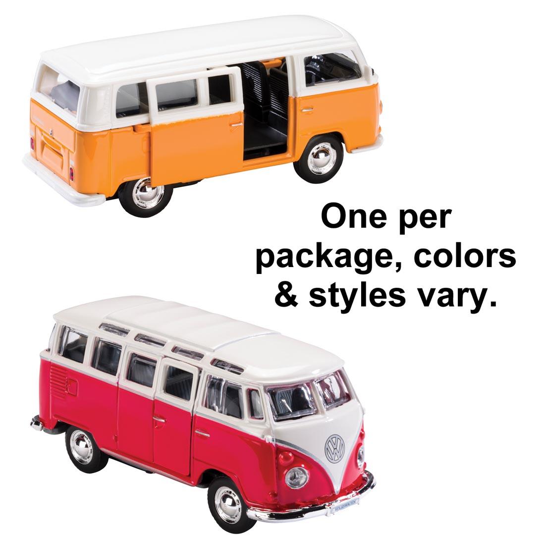 Two different Volkswagen Van Pull-Back Toys with the text One per package, colors & styles vary.